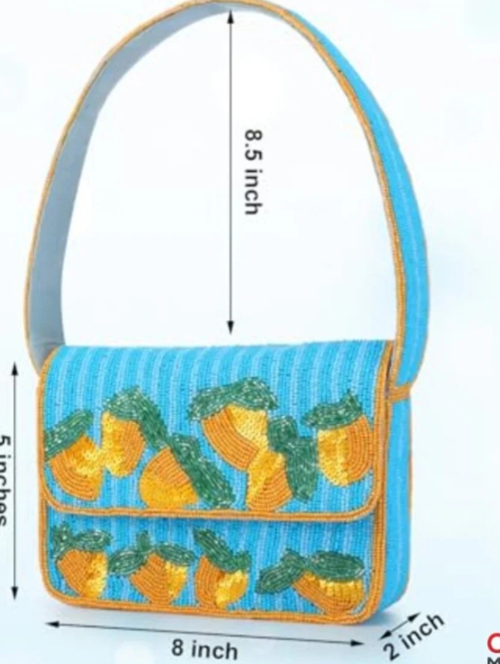 Hand-Beaded Blue & Gold Striped Lemon Motif Shoulder Bag. - Picture 4 of 16